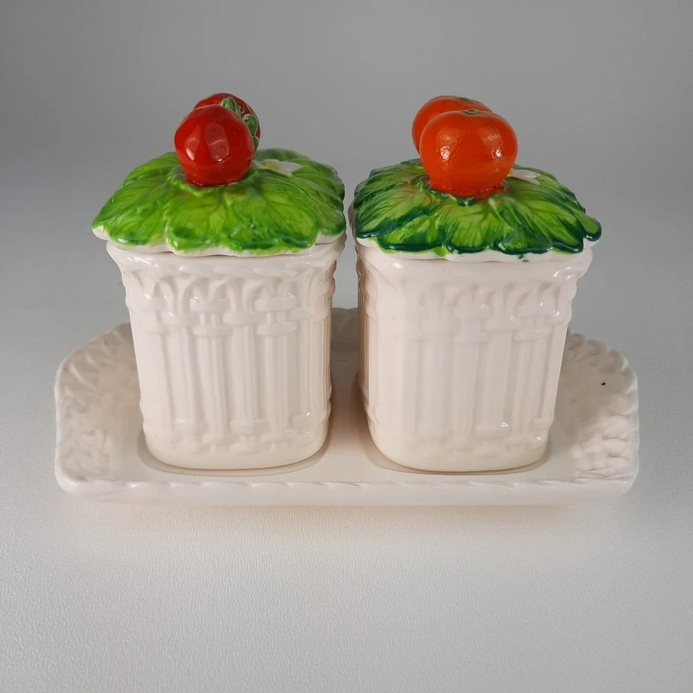 Strawberry & Orange Marmalade Ceramic Jelly Jam Jar Set w/ Spoons Mann Vintage